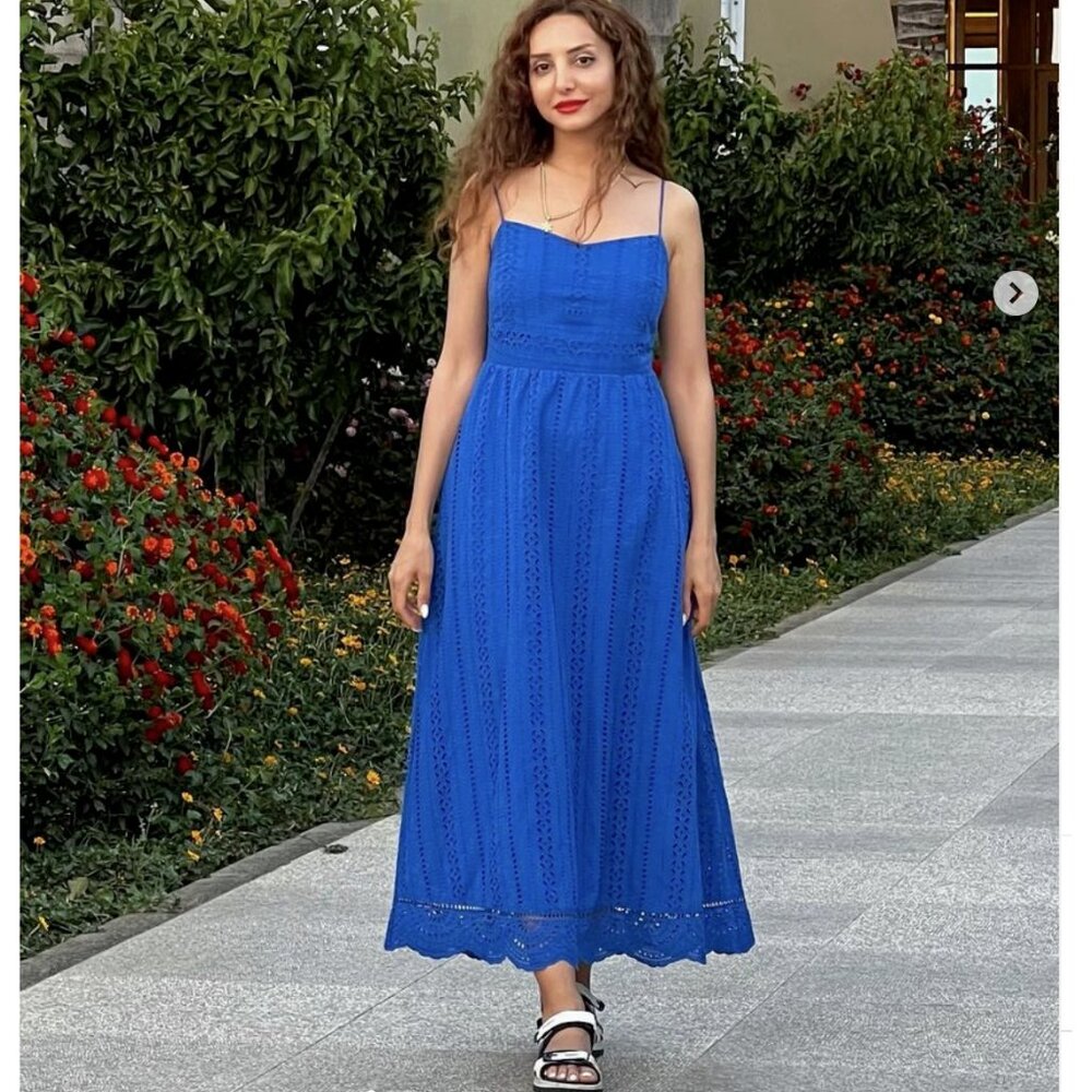 ZARA BLUE Strappy OPENWORK EMBROIDERED MIDI DRESS BLUISH S M L NWT